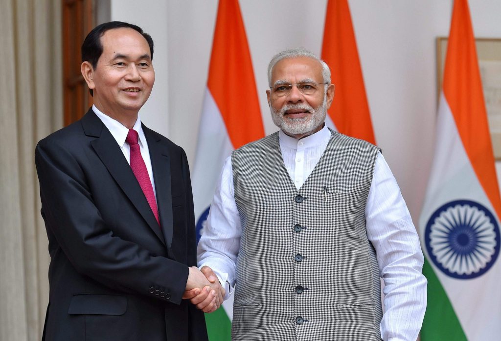 Prime Minister Narendra Modi with the President of the Socialist Republic of Vietnam Tran Dai Quang at Hyderabad House in New Delhi on Saturday. Credit: PTI
