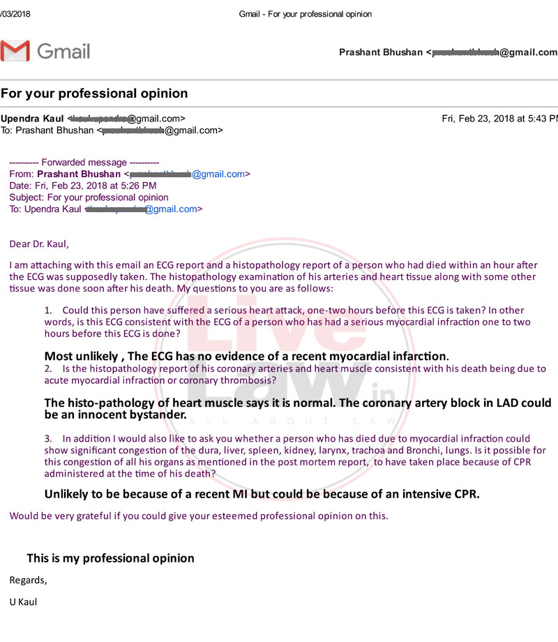 Dr Kaul's expert opinion on Judge Loya's death. Credit: LiveLaw