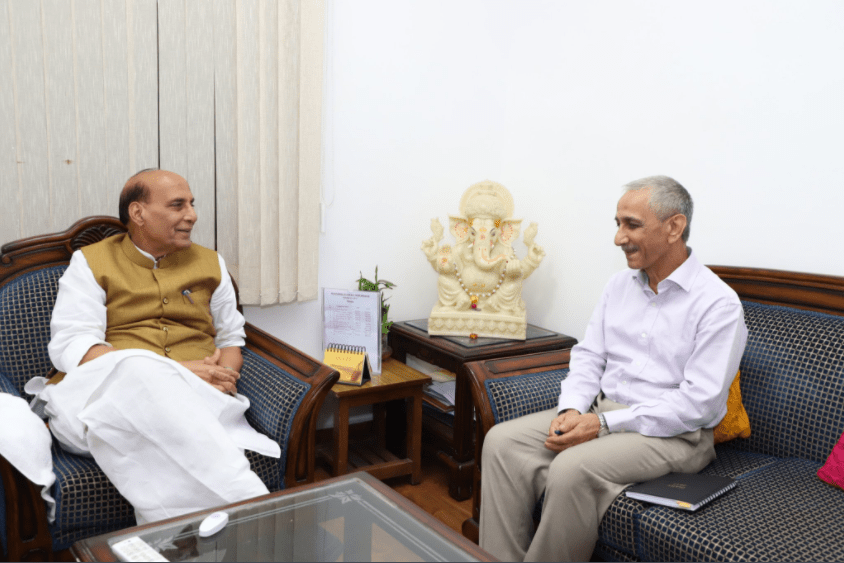 Former IB chief Dineshwar Sharma meets Union home minister Rajnath Singh. Credit: Twitter