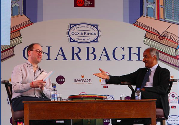 Pico Iyer and Patrick French at the JLF. Credit: Twitter/Zee Jaipur Lit Fest