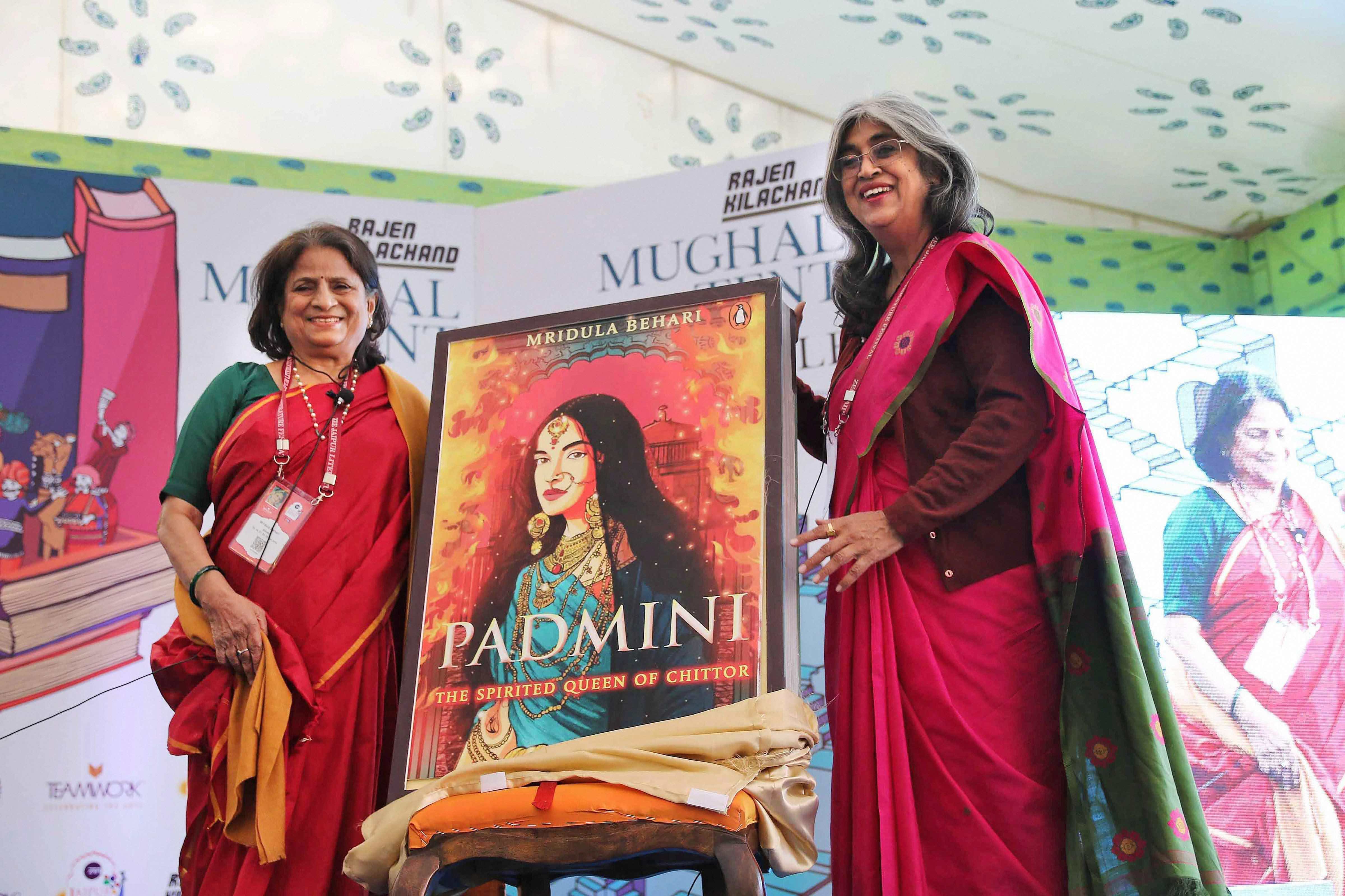 Author Mridula Behari (L) with Rima Hooja at the launch her book 'Padmini: The Spirited Queen of Chittor' during the Jaipur Literature Festival 2018 at Diggi Palace, in Jaipur on Thursday. Credit: PTI