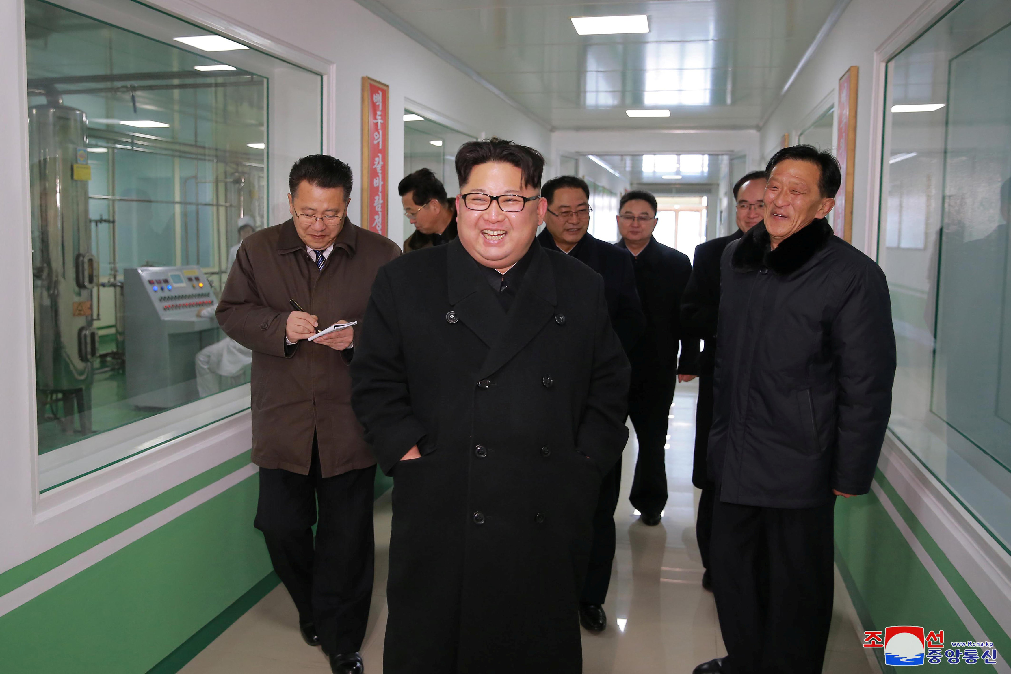 North Korean leader Kim Jong Un gives field guidance at the Pyongyang Pharmaceutical Factory, in this undated photo released by North Korea's Korean Central News Agency (KCNA) in Pyongyang January 25, 2018. Credit: Reuters/KCNA