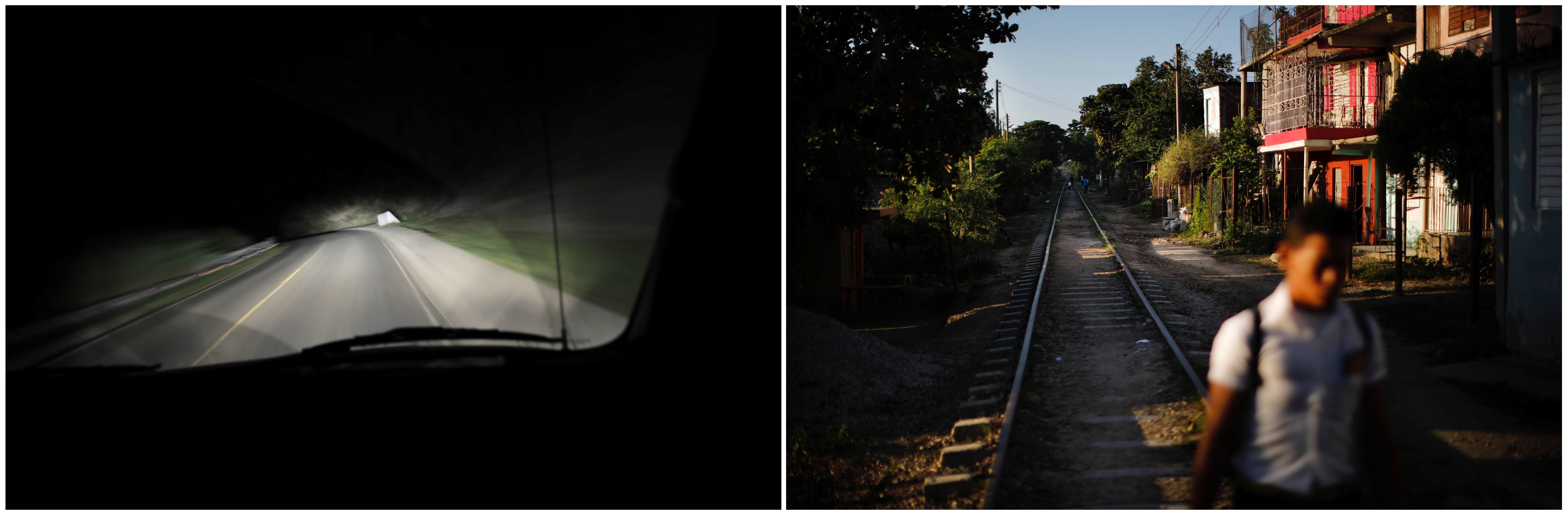 A combination picture shows a road near a prison at the US Naval Base in Guantanamo Bay, Cuba, June 3, 2017 (L) and a boy walking along train rails in the outskirts of the city of Guantanamo, Cuba, December 6, 2017. Credit: Reuters/Carlos Barria