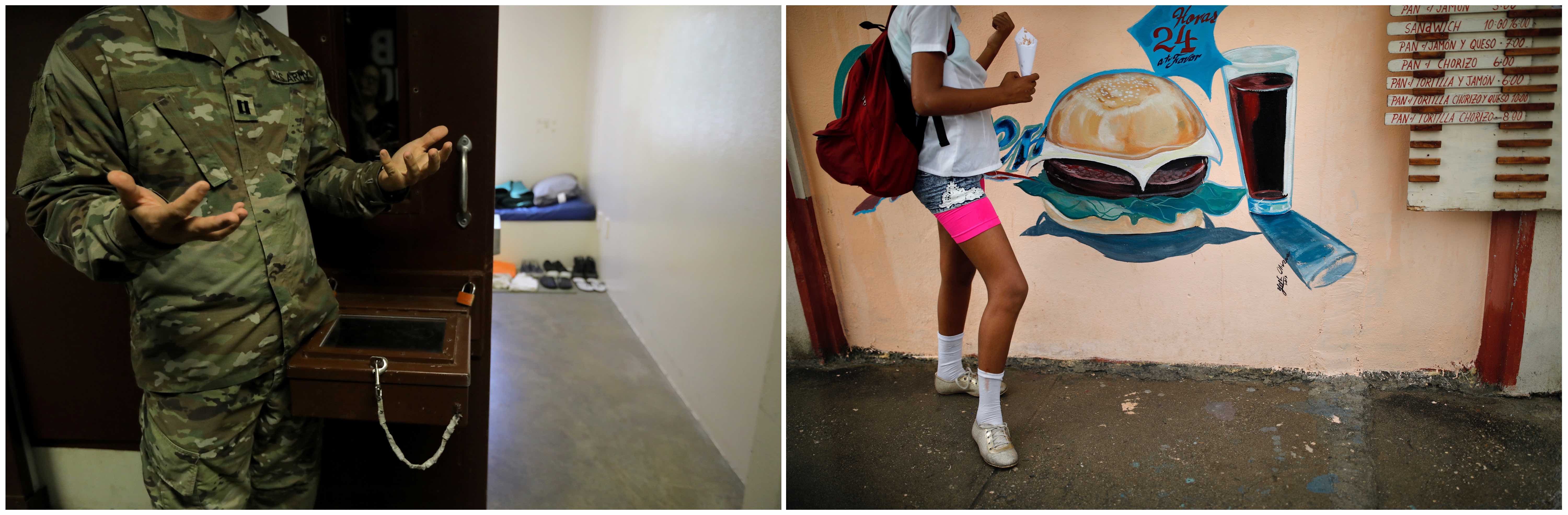 A combination picture shows an unidentified member of the US Army standing by an empty cell inside a prison at the US Naval Base in Guantanamo Bay, Cuba, June 3, 2017 (L) and a girl standing by a fast food restaurant in the city of Guantanamo, Cuba, December 6, 2017. Credit: Reuters/Carlos Barria