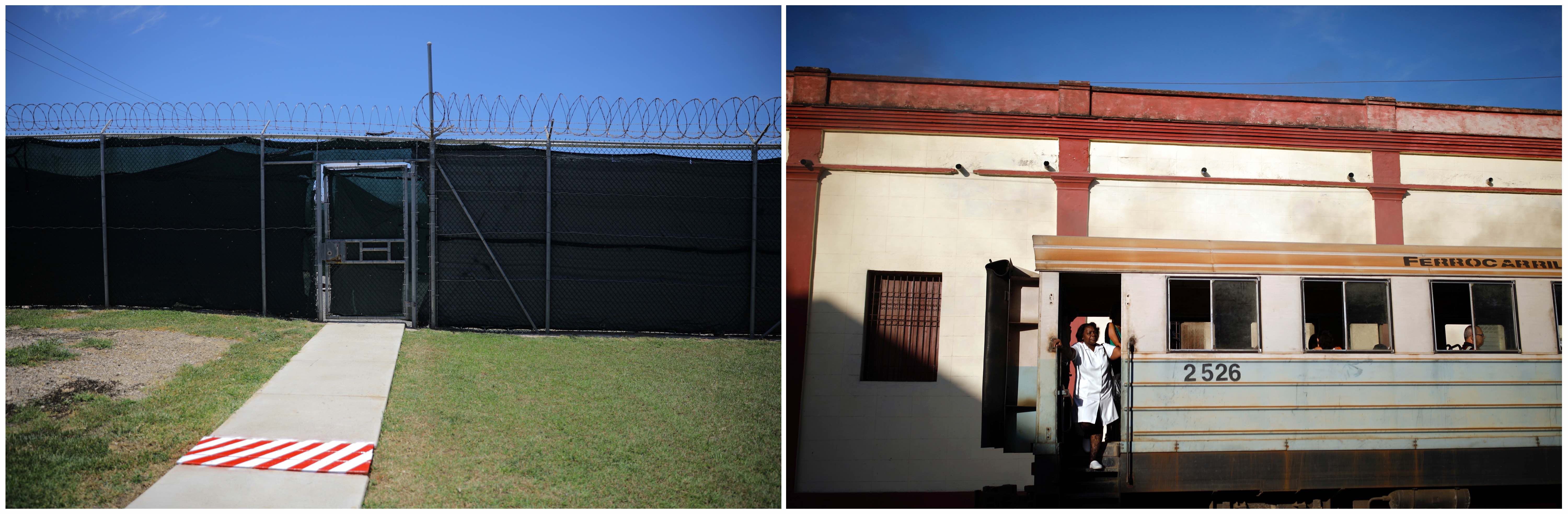 A combination picture shows an exit door where released detainees are turned over to the countries that have agreed to accept them at the Guantanamo Bay US Naval Base, Cuba, June 3, 2017 (L) and a woman riding a train in the city of Guantanamo, Cuba, December 6, 2017. Credit: Reuters/Carlos Barria