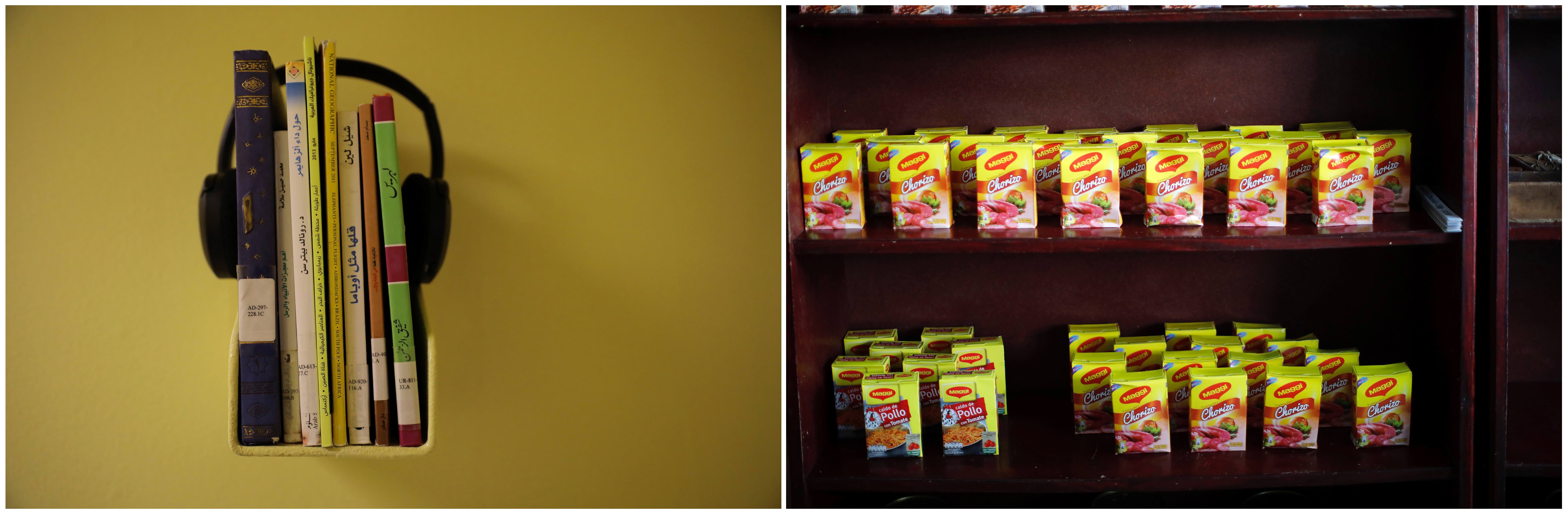 A combination picture shows books inside a sample cell displayed within Joint Task Force Guantanamo's Camp VI at the US Naval Base in Guantanamo Bay, Cuba, June 3, 2017 (L) and food displayed on shelves at a market in the city of Guantanamo, Cuba, December 7, 2017. Credit: Reuters/Carlos Barria