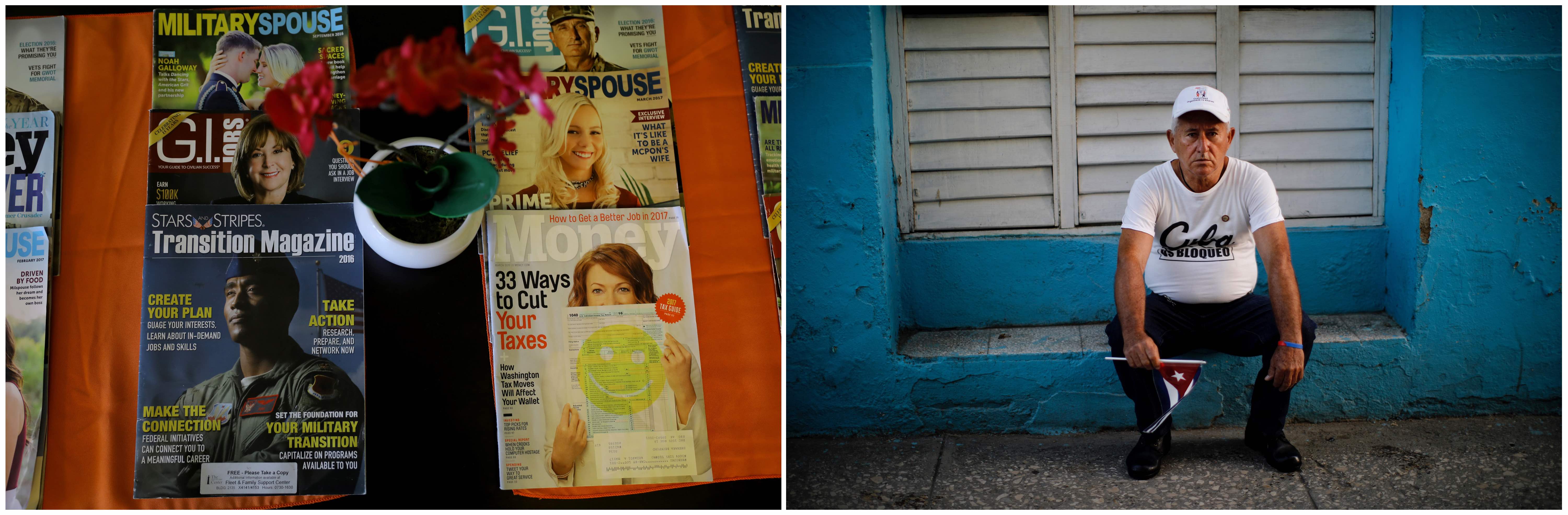 A combination picture shows magazines at a coffee shop at the US Naval Base in Guantanamo Bay, Cuba, June 2, 2017 (L) and a man sitting outside a house waiting to join a parade during a local holiday in the city of Guantanamo, Cuba, December 7, 2017. Credit: Reuters/Carlos Barria