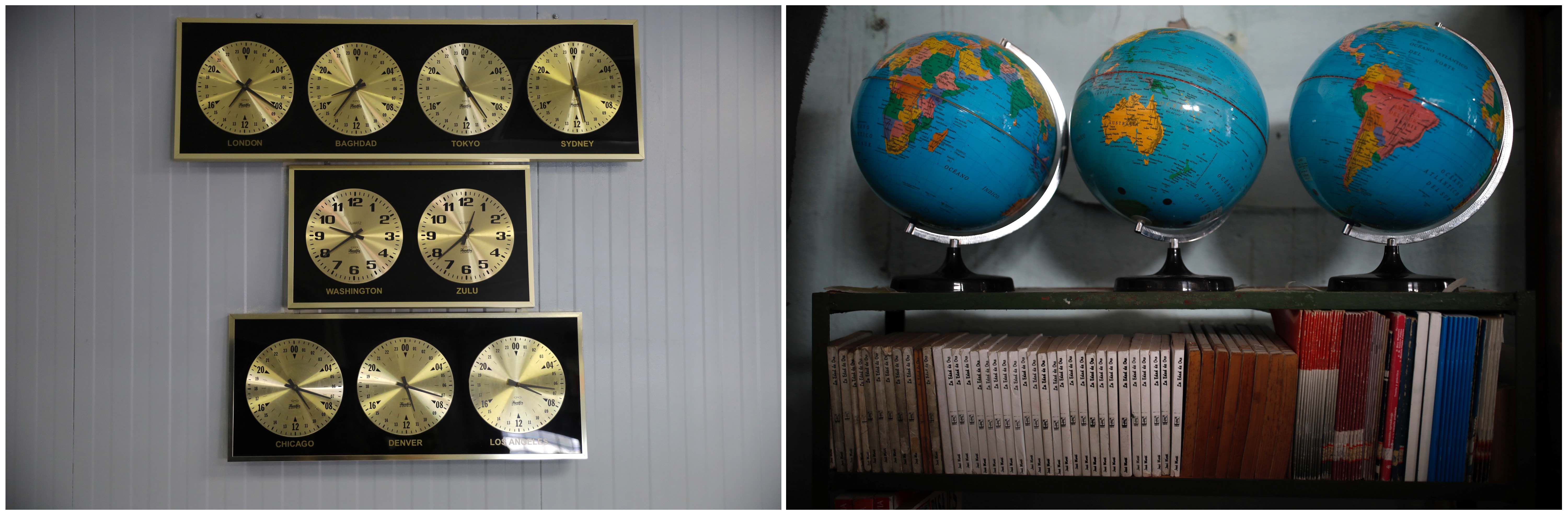 A combination picture shows clocks showing time in different capitals of the world at the US Naval Base in Guantanamo Bay, Cuba, June 3, 2017 (L) and globes and books inside a local school in the city of Guantanamo, Cuba, December 7, 2017. Credit: Reuters/Carlos Barria