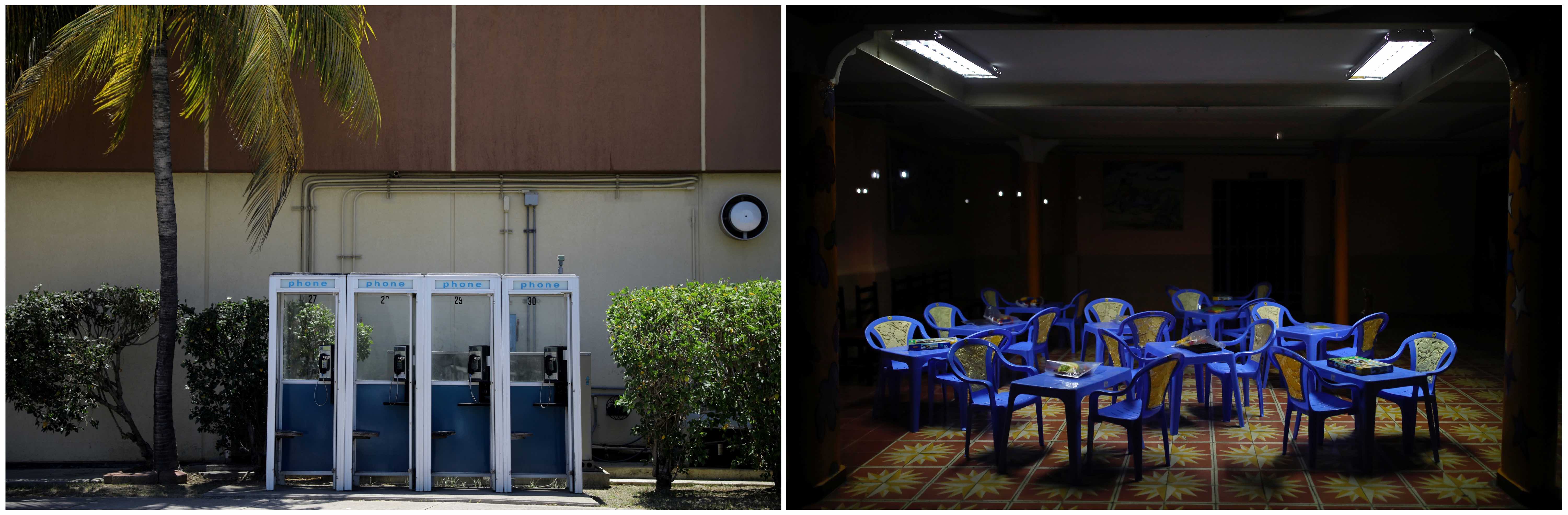 A combination picture shows public telephones outside a shopping mall at the US Naval Base in Guantanamo Bay, Cuba, June 2, 2017 (L) and empty tables and chairs inside a children's play area in the city of Guantanamo, Cuba, December 7, 2017. Credit: Reuters/Carlos Barria