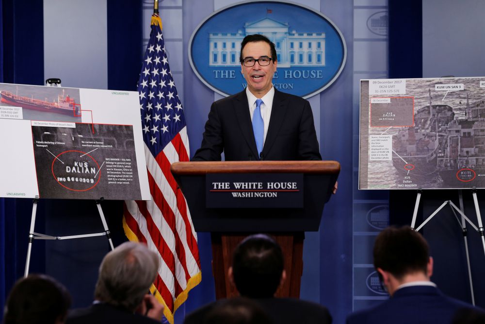 US Treasury Secretary Steven Mnuchin announces fresh North Korea-related sanctions in a bid to further isolate Pyongyang, in the press room at the White House in Washington on Friday. Credit: Reuters