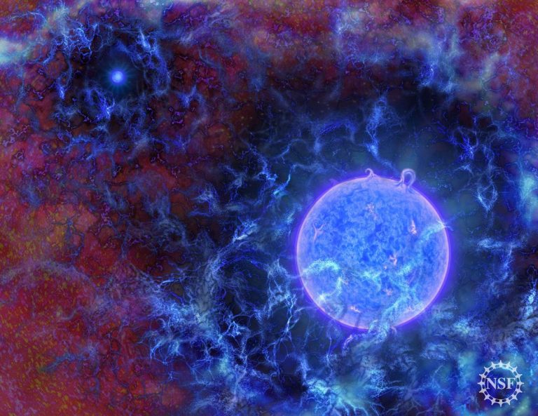An artist's impression of the universe's first stars, embedded in a sea of gas, with the cosmic microwave background radiation depicted along the edges. Credit: N.R. Fuller, National Science Foundation