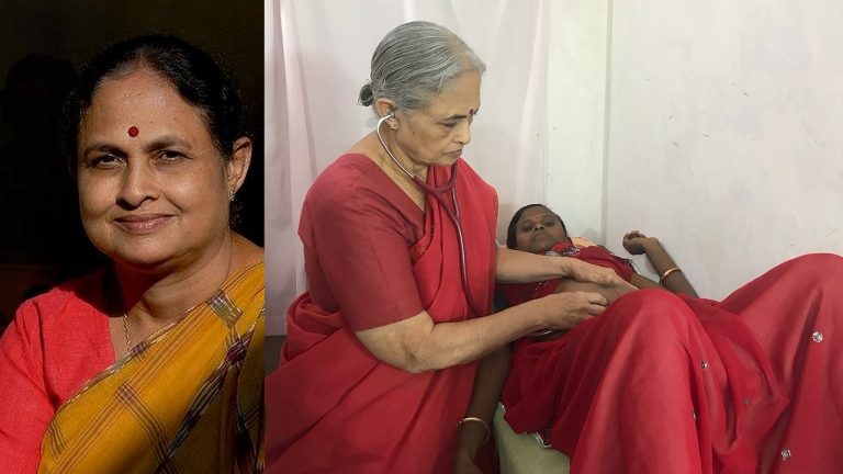 Dr. Rani Bang; with a patient in Gadchiroli. Credit: Abhijeet Safai/Wikimedia Commons and Rachita Vora