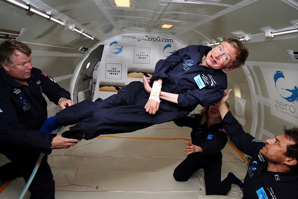 Stephen Hawking taking a zero-gravity flight in 2007. Credit: Jim Campbell/Aero-News Network/Wikimedia Commons