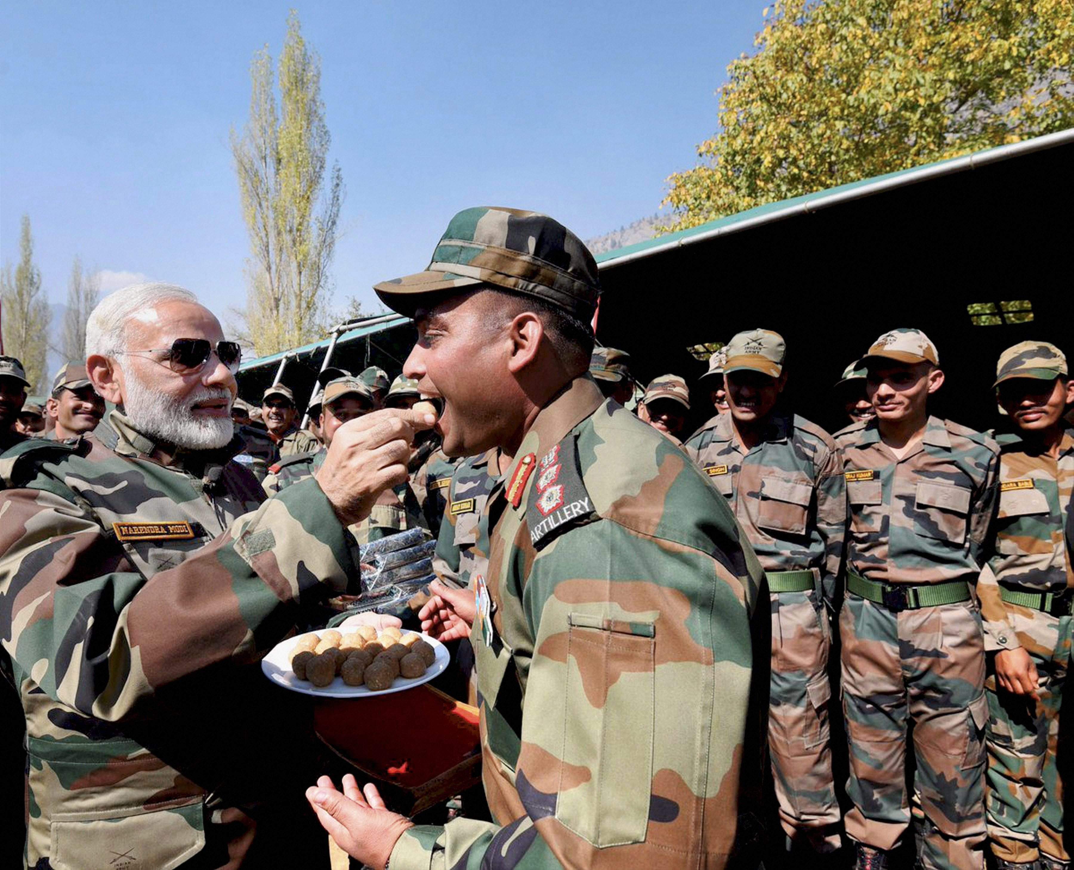 Prime Minister Narendra Modi spending Diwali with Indian soldiers at Gurez along the Line of Control. Credit: PTI/Files