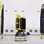 GSAT-6A seen with two halves of the payload faring of GSLV F08, ahead of the mission's launch on March 29, 2018. Credit: ISRO