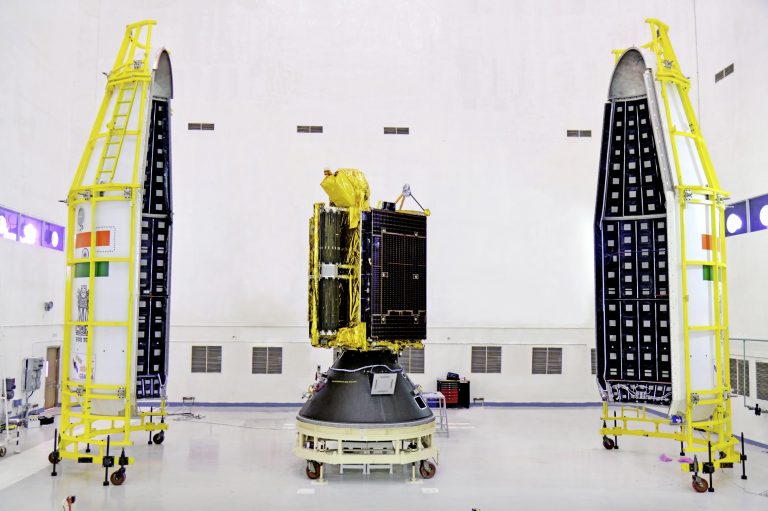 GSAT-6A seen with two halves of the payload faring of GSLV F08, ahead of the mission's launch on March 29, 2018. Credit: ISRO