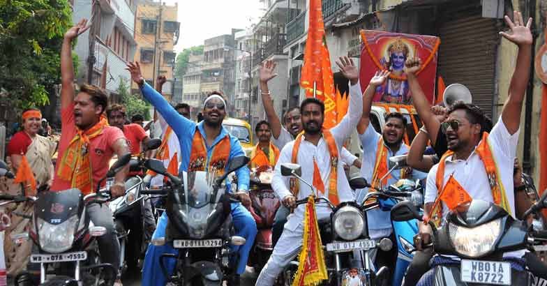 Devotees and supporters of BJP participate in a procession to celebrate Ram Navami festival in Kolkata. Credit: PTI