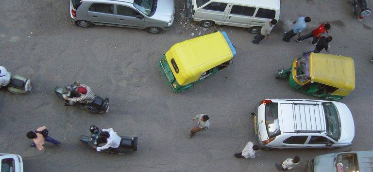 Traffic in a street in Delhi as seen from a hotel window. Credit: mattmurf/Flickr, CC BY 2.0