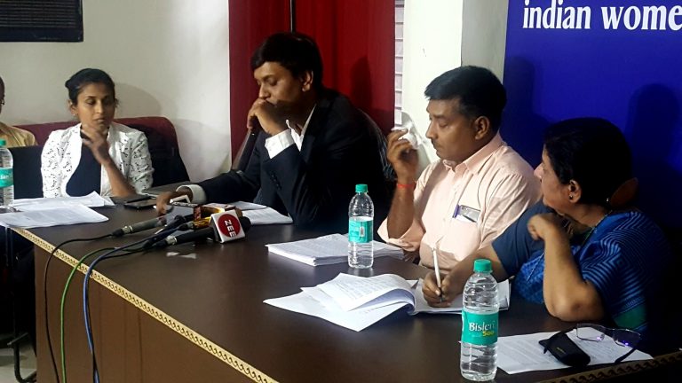 Jayant Singh (in black) and Gopendra Singh Parmar (in pink) both lost their children to negligence on the part of private hospitals and have been fighting for a better Indian healthcare system. Credit: Vidya Krishnan/Twitter