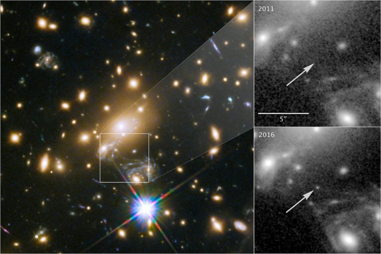 Composite image showing the discovery of the most distant known star, Icarus. Credit: NASA/ESA/P Kelly(University of Minnesota)