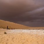 A researcher works on surveying and mapping of the Al Wusta site in the Nefud Desert in Saudi Arabia. Credit: Klint Janulis/Handout via Reuters