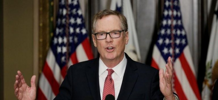 FILE PHOTO - Robert Lighthizer speaks after being sworn in as U.S. Trade Representative in Washington
