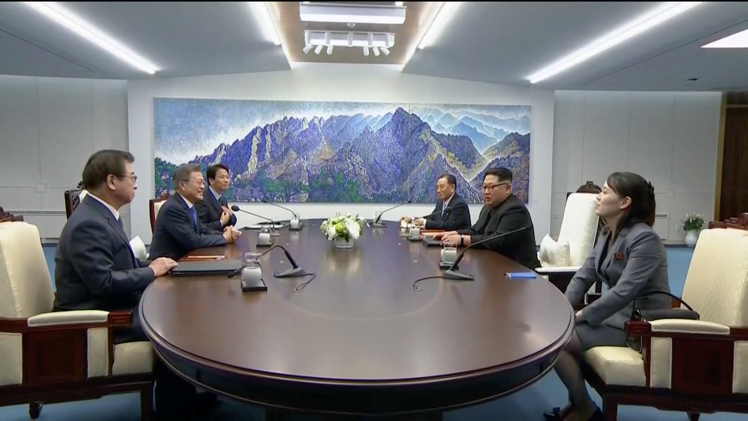 South Korean President Moon Jae-in and North Korean leader Kim Jong Un attend the inter-Korean summit at the truce village of Panmunjom, in this still frame taken from video, South Korea April 27, 2018. Credit: Host Broadcaster via Reuters TV