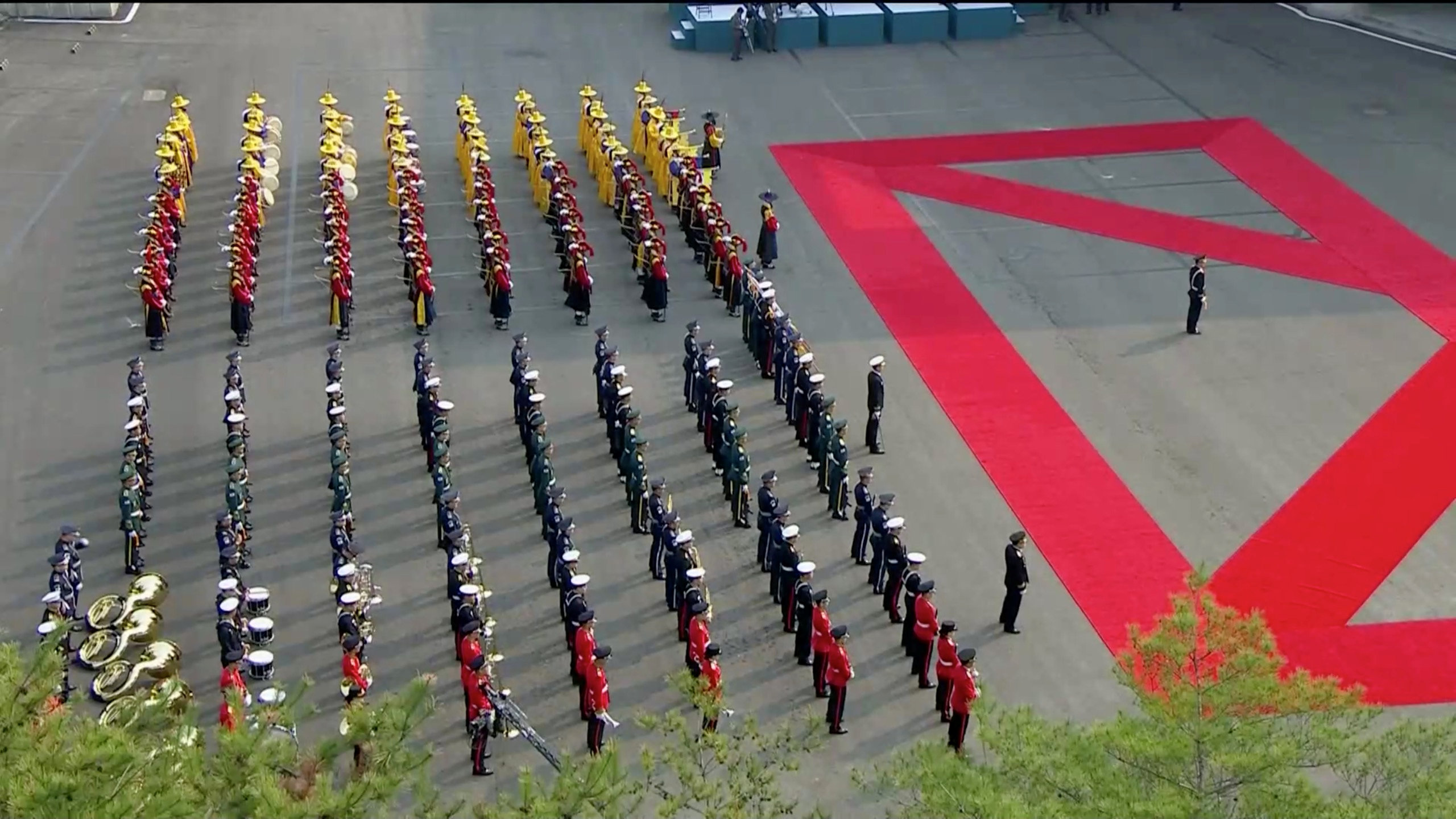 A band is seen ahead of the inter-Korean summit at the truce village of Panmunjom, in this still frame taken from video, South Korea April 27, 2018. Credit: Host Broadcaster via Reuters TV