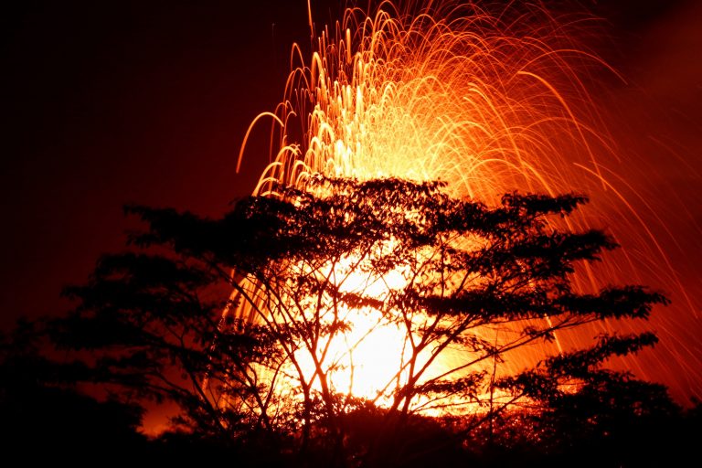 Lava erupts on the outskirts of Pahoa during ongoing eruptions of the Kilauea Volcano in Hawaii, US, May 18, 2018. Credit: Reuters/Terray Sylvester