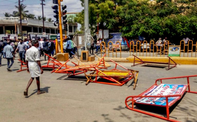 Barricades down after a violent protest demanding closure of Vedanta's Sterlite Copper unit entered its 100th day in Thoothukudi on May 22, 2018. Credit: PTI
