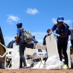 World Health Organization workers prepare a centre for vaccination in the port city of Mbandaka