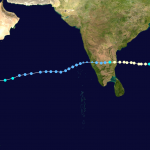 A map showing the location and intensity (on the Saffir-Sampson scale) of Cyclone Vardah at six-hour intervals. Credit: Wikimedia Commons