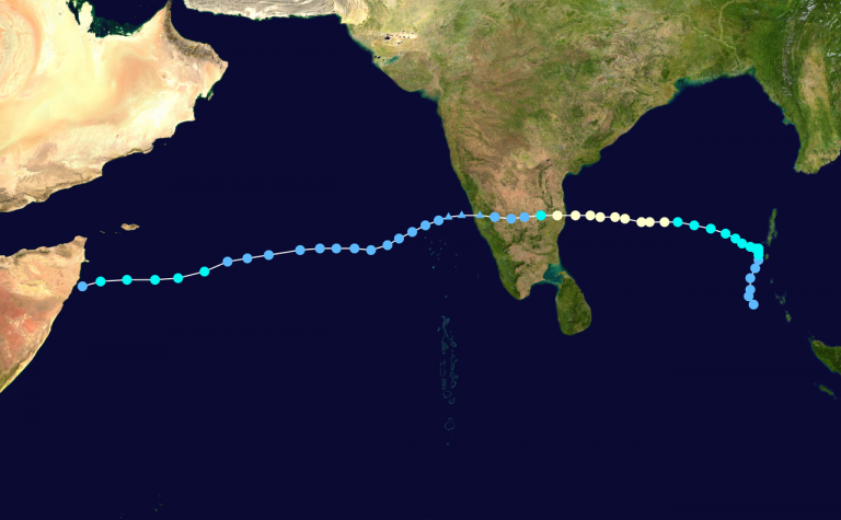 A map showing the location and intensity (on the Saffir-Sampson scale) of Cyclone Vardah at six-hour intervals. Credit: Wikimedia Commons