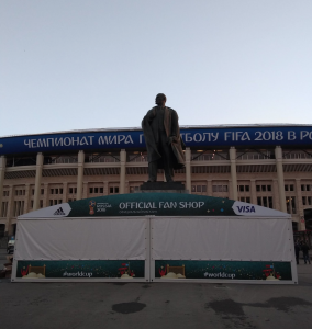 Lenin's statue crowns a FIFA shop at the Luzhniki Stadium, Moscow. Credit: Priyansh