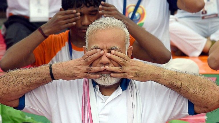 Prime Minister Narendra Modi doing yoga during the International Yoga Day, 2017. Credit: PTI