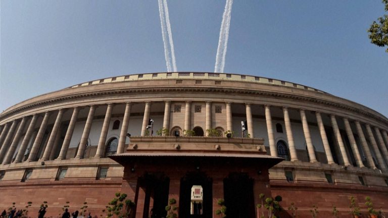 Indian Air Force's planes fly over the Parliament