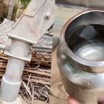 Water drawn from the handpump has a pronounced reddish tinge (left). The water bought from a private seller is much clearer. Credit: Disha Shetty