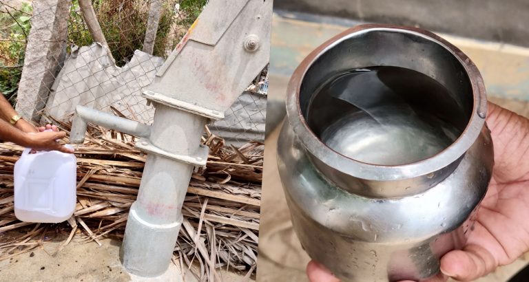 Water drawn from the handpump has a pronounced reddish tinge (left). The water bought from a private seller is much clearer. Credit: Disha Shetty