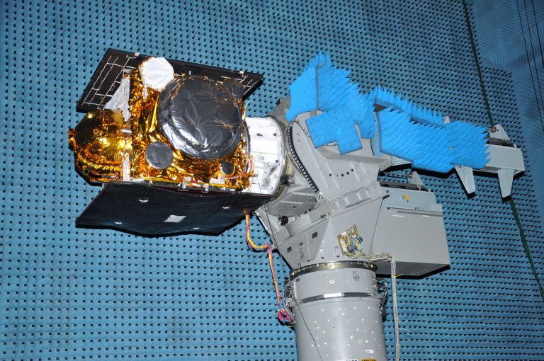 The IRNSS 1I satellite undergoes an antenna test ahead of launch on April 11, 2018, on the PSLV C41 mission. Credit: ISRO