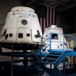 SpaceX spacecrafts the Dragon and the DragonRider sit on display at the SpaceX facility in Hawthorne