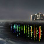 The IceCube Neutrino Observatory is buried at depths between 1.5 and 2.5 km below the south pole. The only visible equipment is the IceCube Lab, which hosts the computers that collect data from the over 5,000 light sensors in the ice. In this artistic rendering, based on a real image of the lab, the September neutrino event is shown in the ice below Antarctica's surface. Caption and credit: IceCube Collaboration/NSF