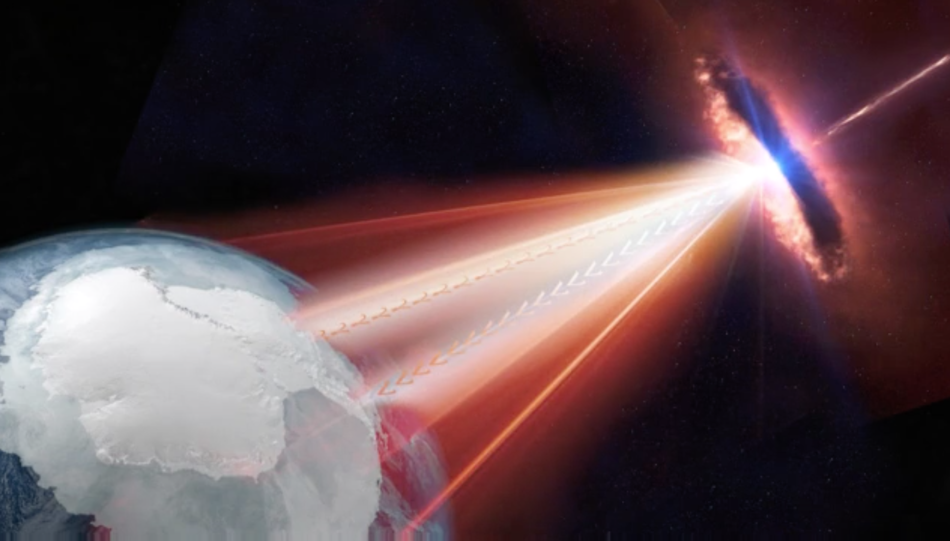 An artist's rendering of a distant blazar emitting a relativistic jet in the direction of Earth. Credit: IceCube/NSF