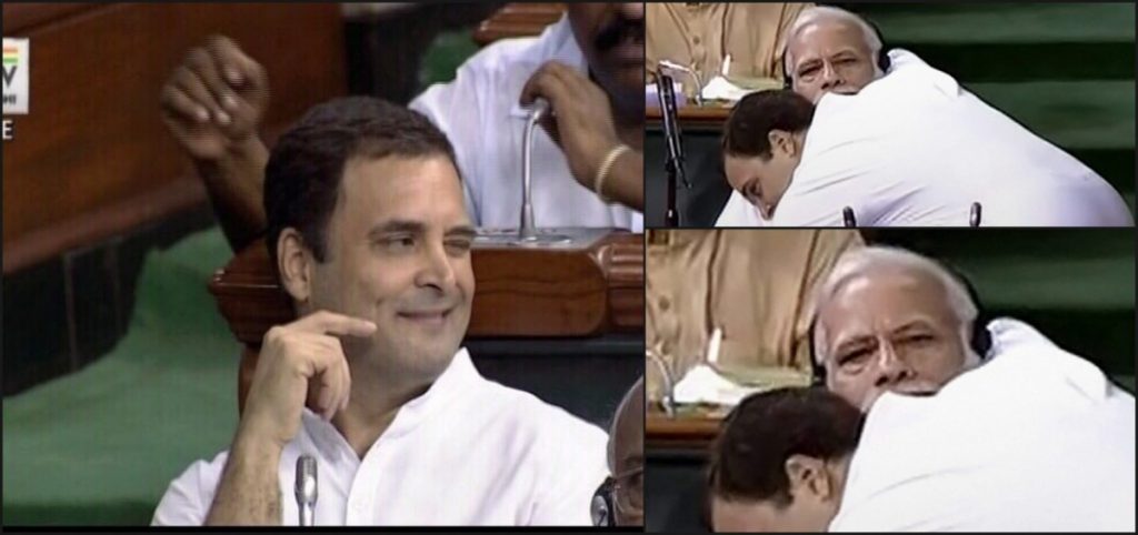 Rahul Gandhi hugging Narendra Modi, and winking afterwards. Credit: PTI