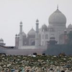 Garbage is seen on the polluted banks of the river Yamuna near the historic Taj Mahal in Agra