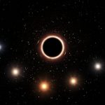 An artist’s impression of the path of star S2 as it passes very close to the supermassive black hole at the centre of the Milky Way. The very strong gravitational field causes the colour of the star to shift slightly to the red. (Size and colour exaggerated for clarity)