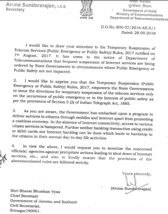 A copy of the DoT letter sent to Jammu and Kashmir government. Credit: Internet Freedom Foundation.