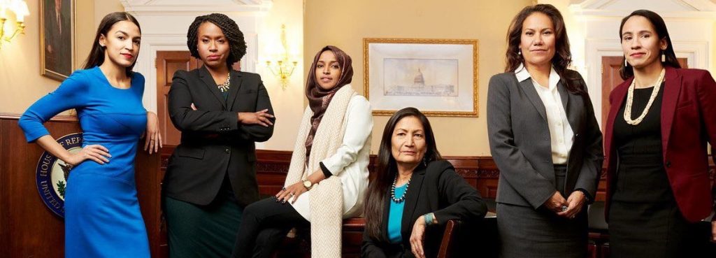 (L-R) Alexandria Ocasio-Cortez, Ayanna Pressley, Ilhan Omar, Deb Haaland, Veronica Escobar and Sharice Davids. Credit: AOC/Twitter