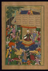 On this folio of a Khusrow manuscript, the Khaqan of China prostrates himself before Alexander. Photo: Wikimedia Commons