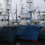 Whaling ships before they sail out at a port in Kushiro, Hokkaido Prefecture, Japan on July 1, 2019. Photo: Reuters/Masashi Kato