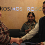 Indian Human Spaceflight Programme head Dr S Unnikrishnan Nair (right) with Glavkosmos first deputy director general Natalia Lokteva after signing the contract on June 27. Photo: Twitter/@glavkosmosJSC